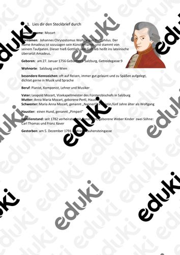 Steckbrief Wolfgang Amadeus Mozart Unterrichtsmaterial Im Fach Musik