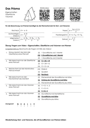 Prisma (Volumen und Oberfläche) - Arbeitsblatt mit Multiple-Choice-Aufgaben  – Unterrichtsmaterial im Fach Mathematik