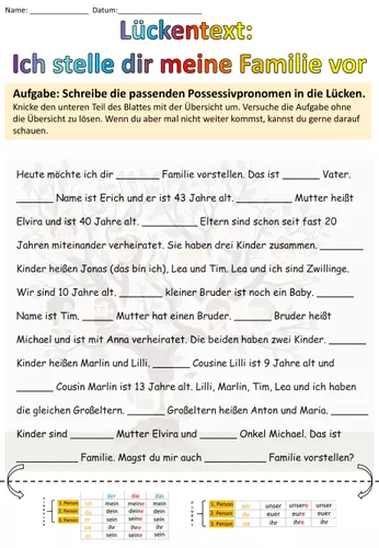 Lückentext Ich stelle dir meine Familie vor Possessivpronomen DaZ /  Deutsch – Unterrichtsmaterial im Fach DaZ/DaF