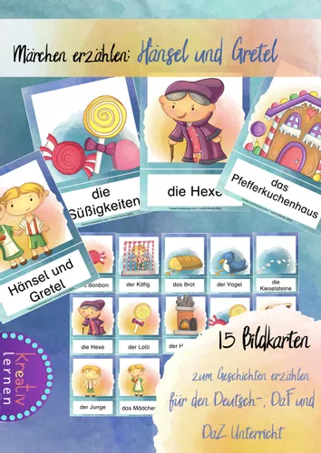 den Gretel und in Hänsel & Deutsch erzählen: DaZ/DaF Unterrichtsmaterial Fächern – Märchen Bildkarten -
