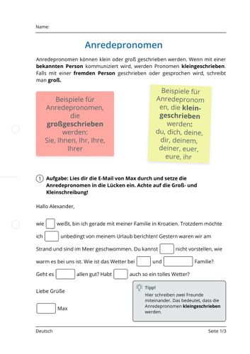 Anredepronomen Arbeitsblatt mit Lösungen – Unterrichtsmaterial im Fach Deutsch