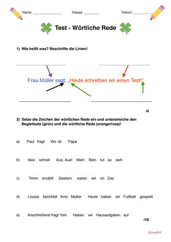 Wörtliche Rede Test (vorangestellte Wörtliche Rede) Deutsch - Klasse 3 – Unterrichtsmaterial im