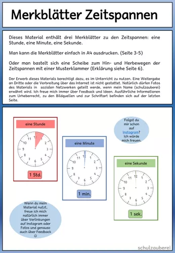 Uhrzeit-Merkblätter Stunde, Minute, Sekunde – Unterrichtsmaterial