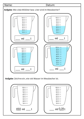 Arbeitsblatt Liter und Milliliter Übung Maßeinheit – Unterrichtsmaterial im Fach Mathematik