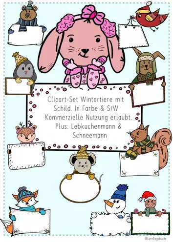 Clip-Art Set Wintertiere mit Schild – Unterrichtsmaterial im Fach