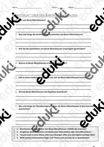 ab mit fragen zum thema baron munchhausen losungsblatt Baron Münchhausen Unterrichtsmaterial
AB mit Fragen zum Thema "Baron Münchhausen" Lösungsblatt