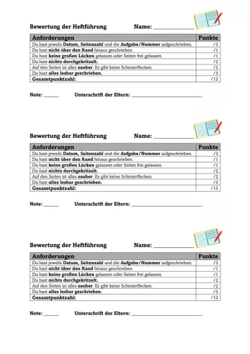 Bewertung Der Heftf hrung Bewertungsbogen Unterrichtsmaterial Im Bewertung Der Heftf hrung Bewertungsbogen Unterrichtsmaterial Im