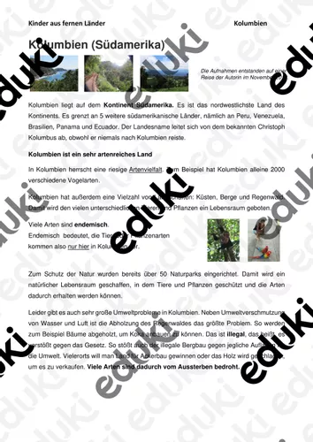 Kinder aus fernen Ländern- Kolumbien - Werkstatt – Unterrichtsmaterial im Fach Erdkunde