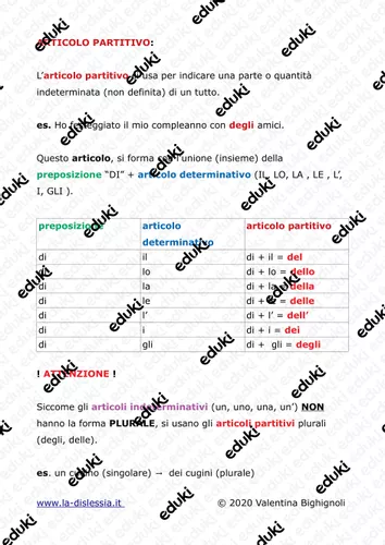 L'articolo partitivo schema Materiale didattico per la materia Italiano