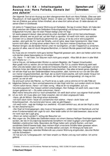 Inhaltsangabe - Klassenarbeit Kl. 8 (mit Bewertungsbogen) – Unterrichtsmaterial in den Fächern