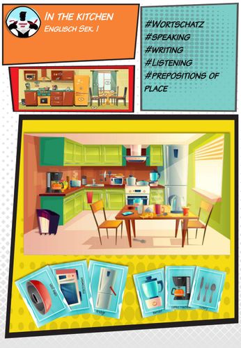 In The Kitchen Flashcards Wimmelpictures Prepositions Of Place Unterrichtsmaterial Im Fach Englisch