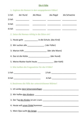 Die 4 Fälle verschiedene Übungen – Unterrichtsmaterial im Fach Deutsch