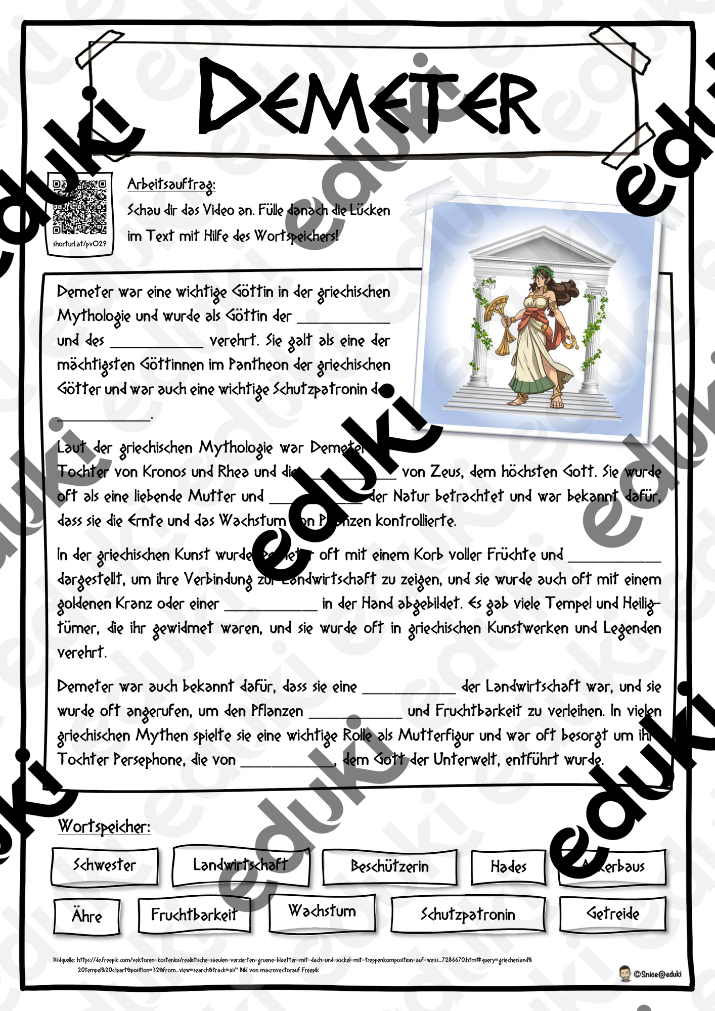 Demeter - Griechische Götter - Lückentext mit Wortspeicher