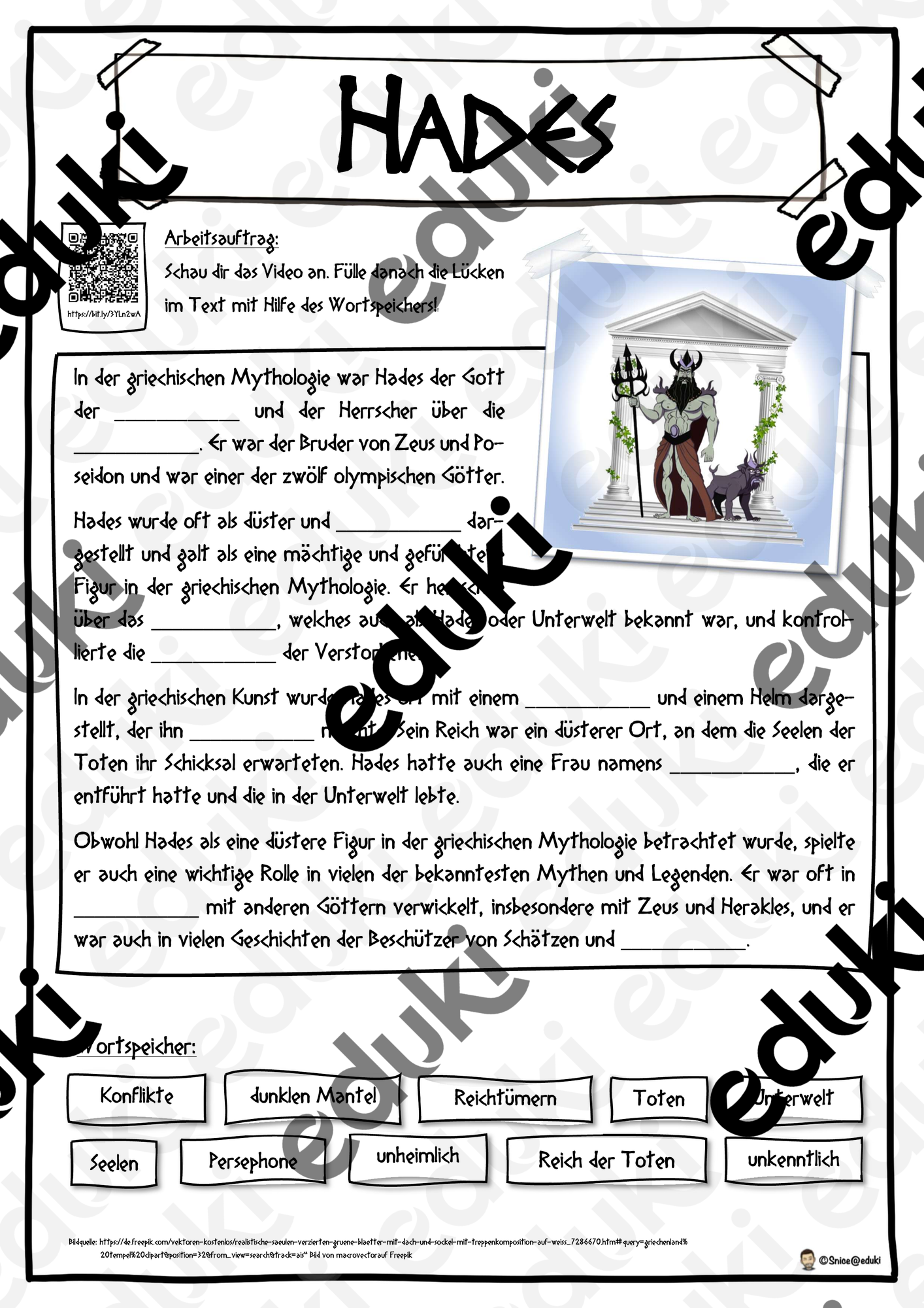 Hades - Griechische Götter - Lückentext mit Wortspeicher