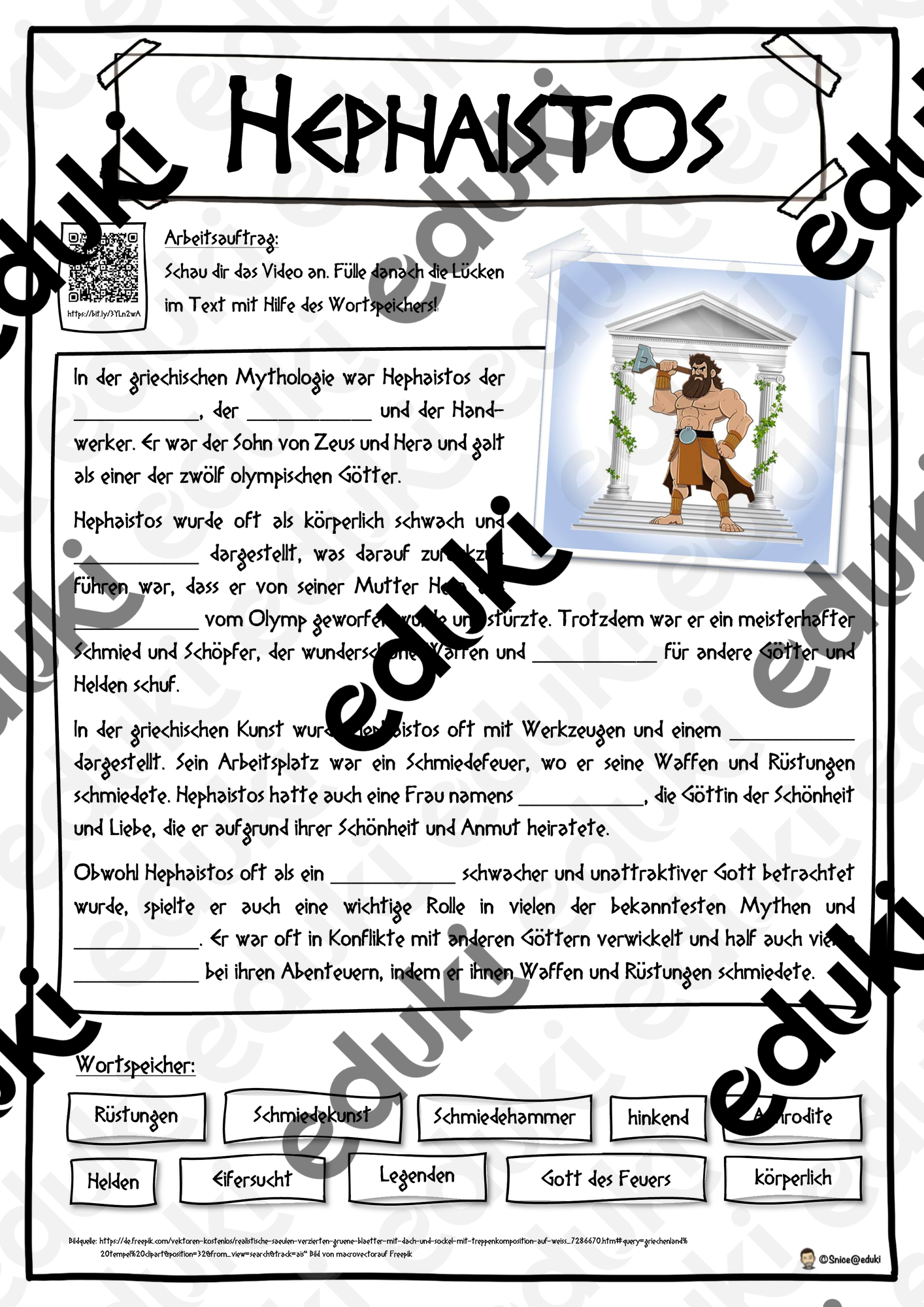 Hephaistos - Griechische Götter - Lückentext mit Wortspeicher