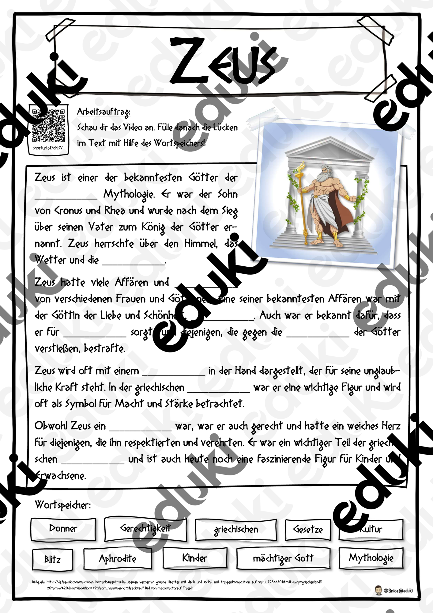 Zeus - Griechische Götter - Lückentext mit Wortspeicher