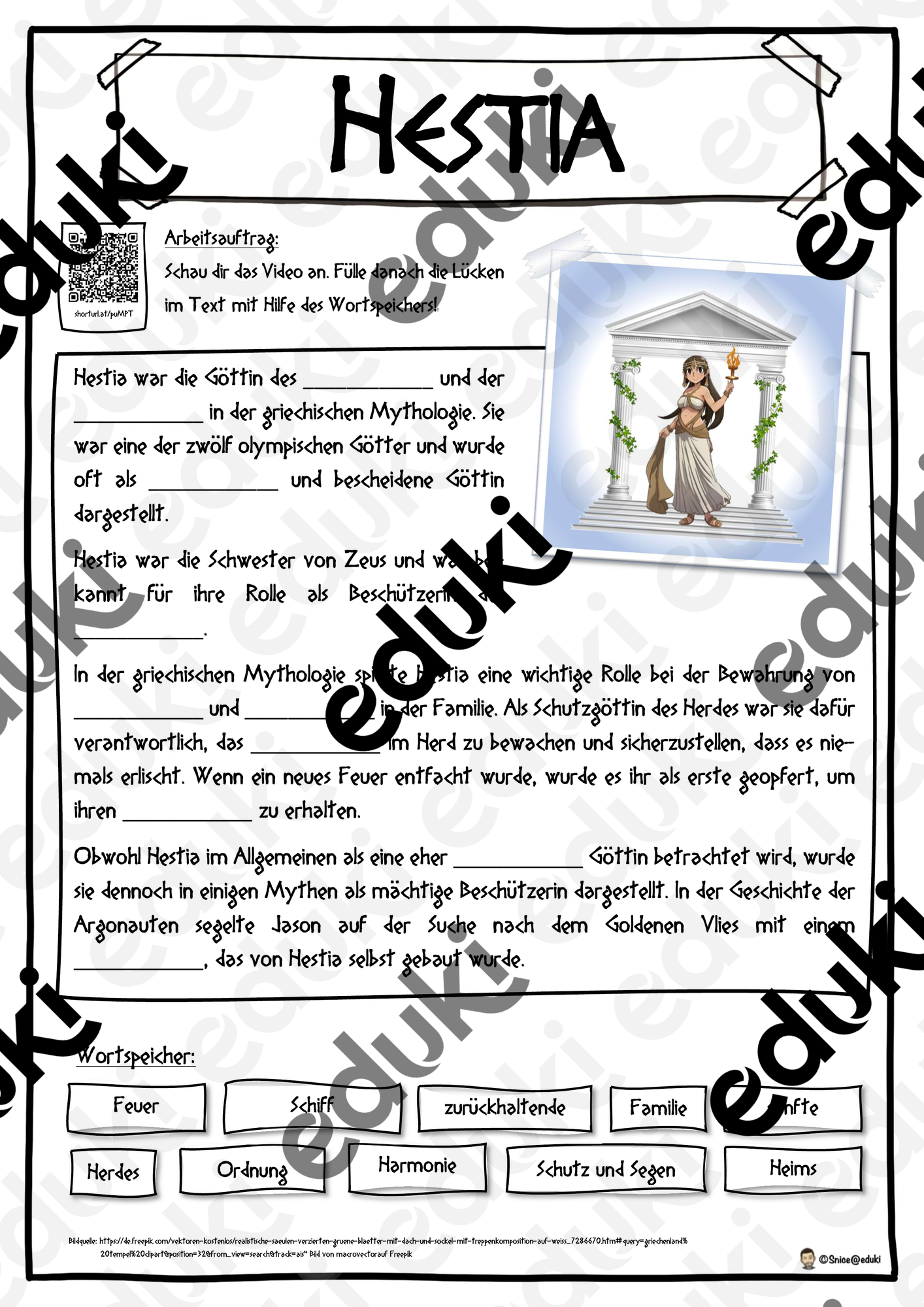 Hestia - Griechische Götter - Lückentext mit Wortspeicher