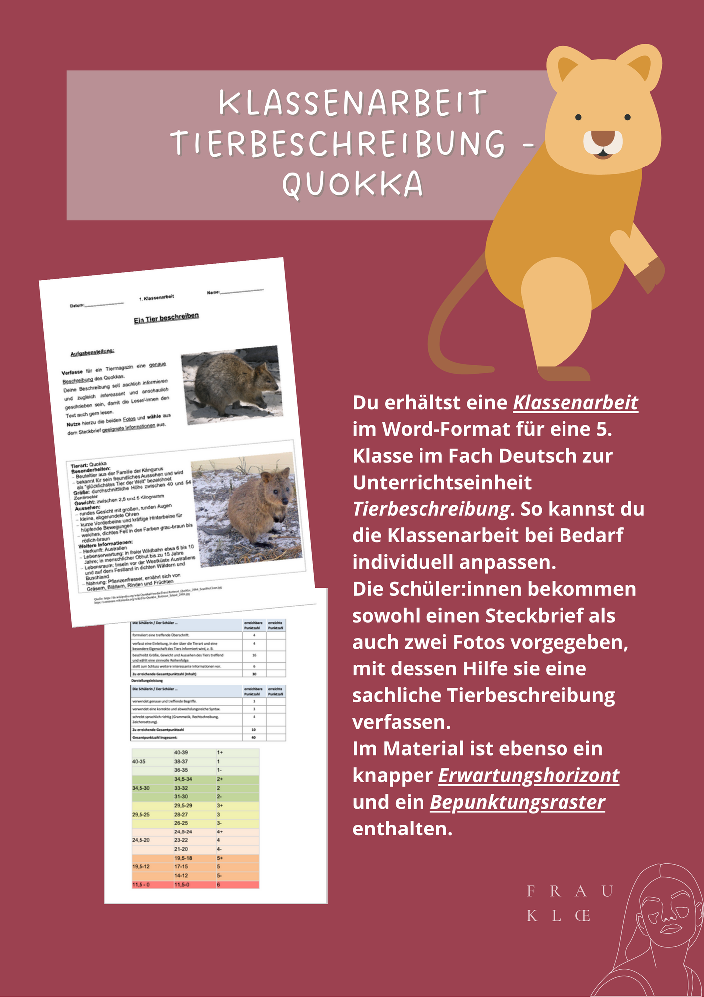 Klassenarbeit Tierbeschreibung: Quokka mit Erwartungshorizont
