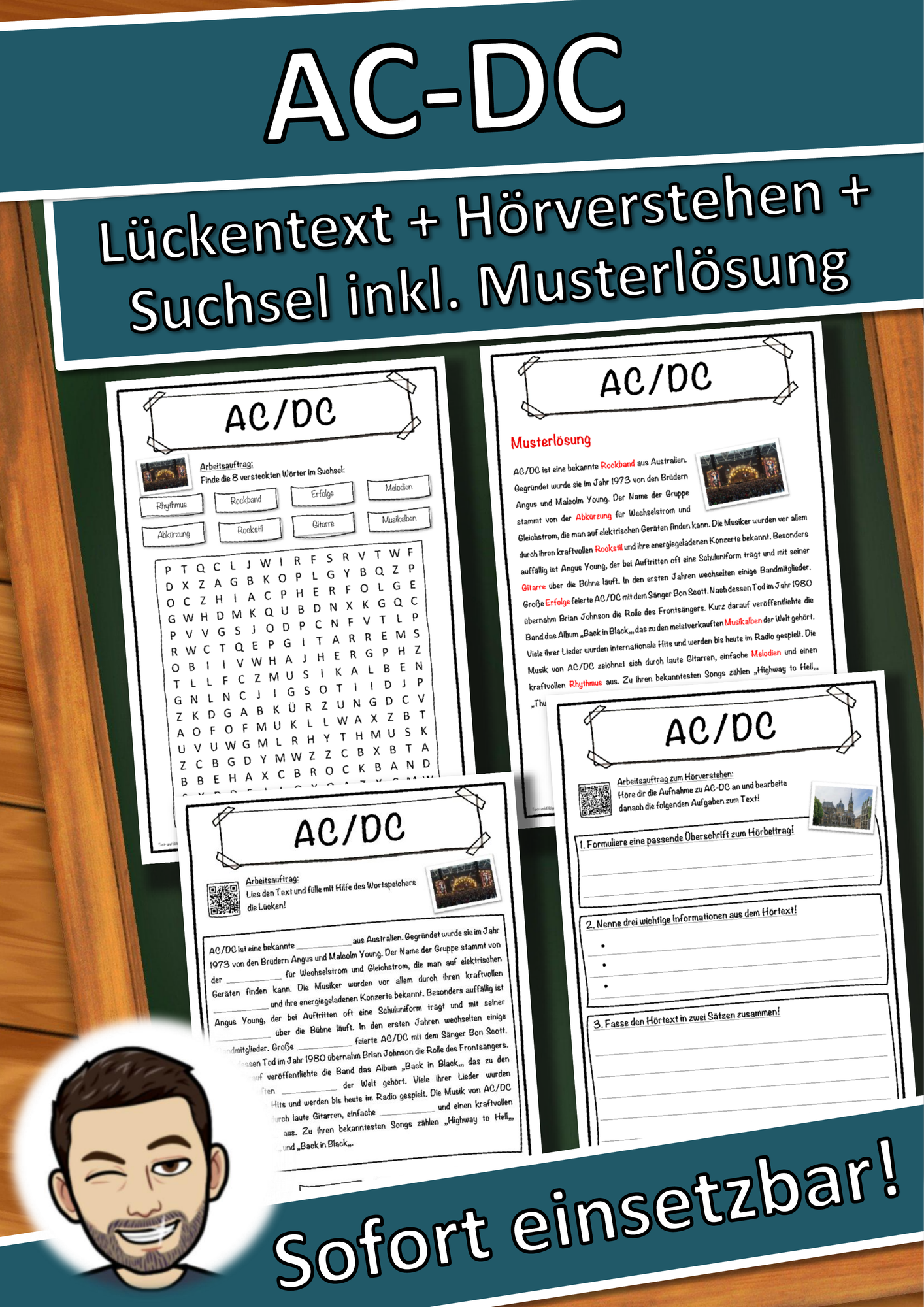 AC/DC Lückentext mit Wortspeicher und Suchsel inkl. Musterlösung