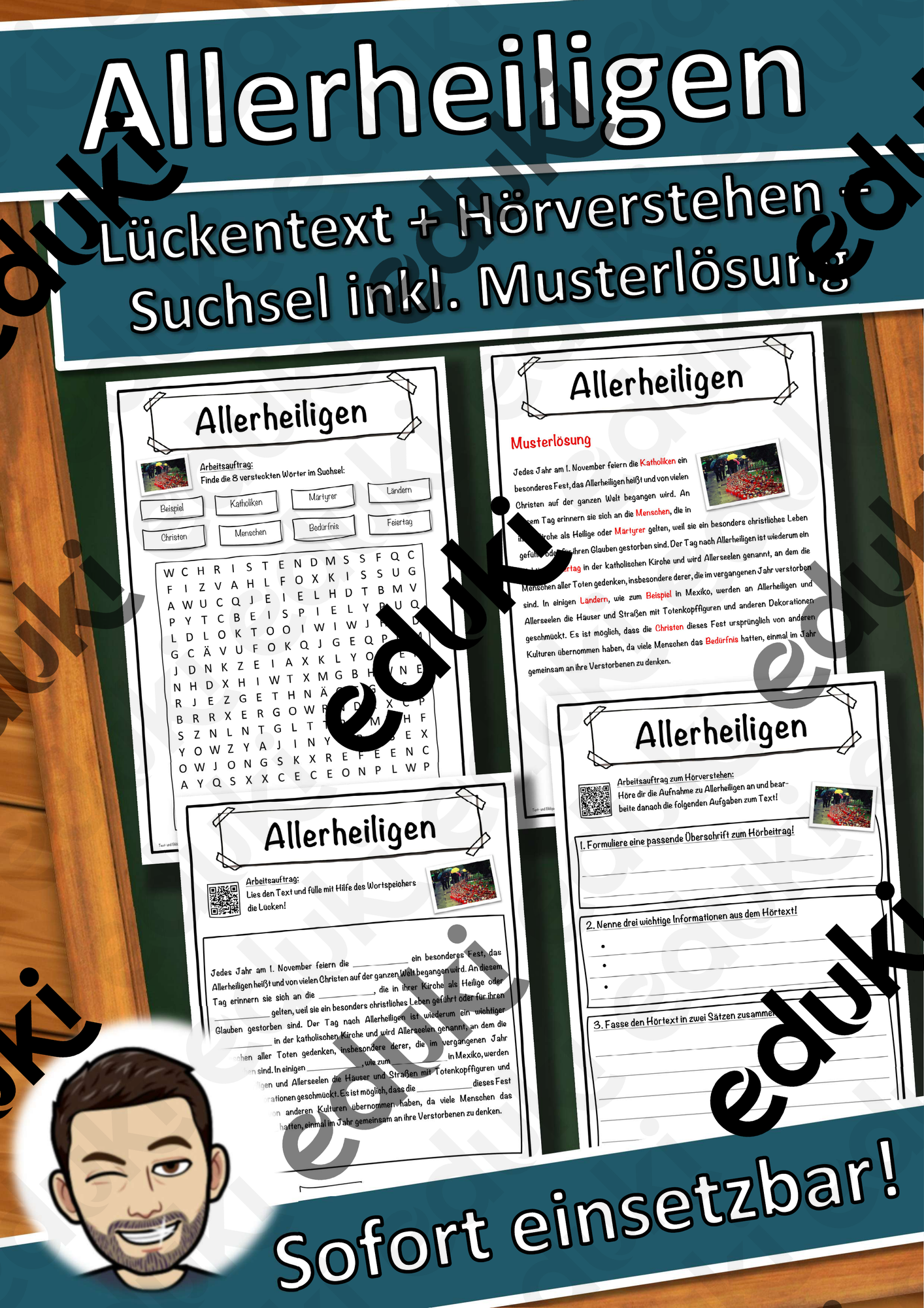 Allerheiligen Lückentext mit Wortspeicher Hörverstehen und Suchsel