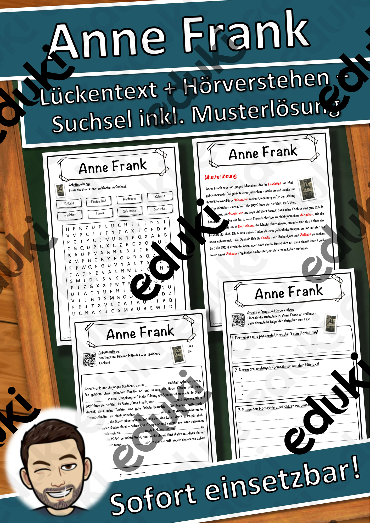 Anne Frank Lückentext mit Wortspeicher Hörverstehen und Suchsel