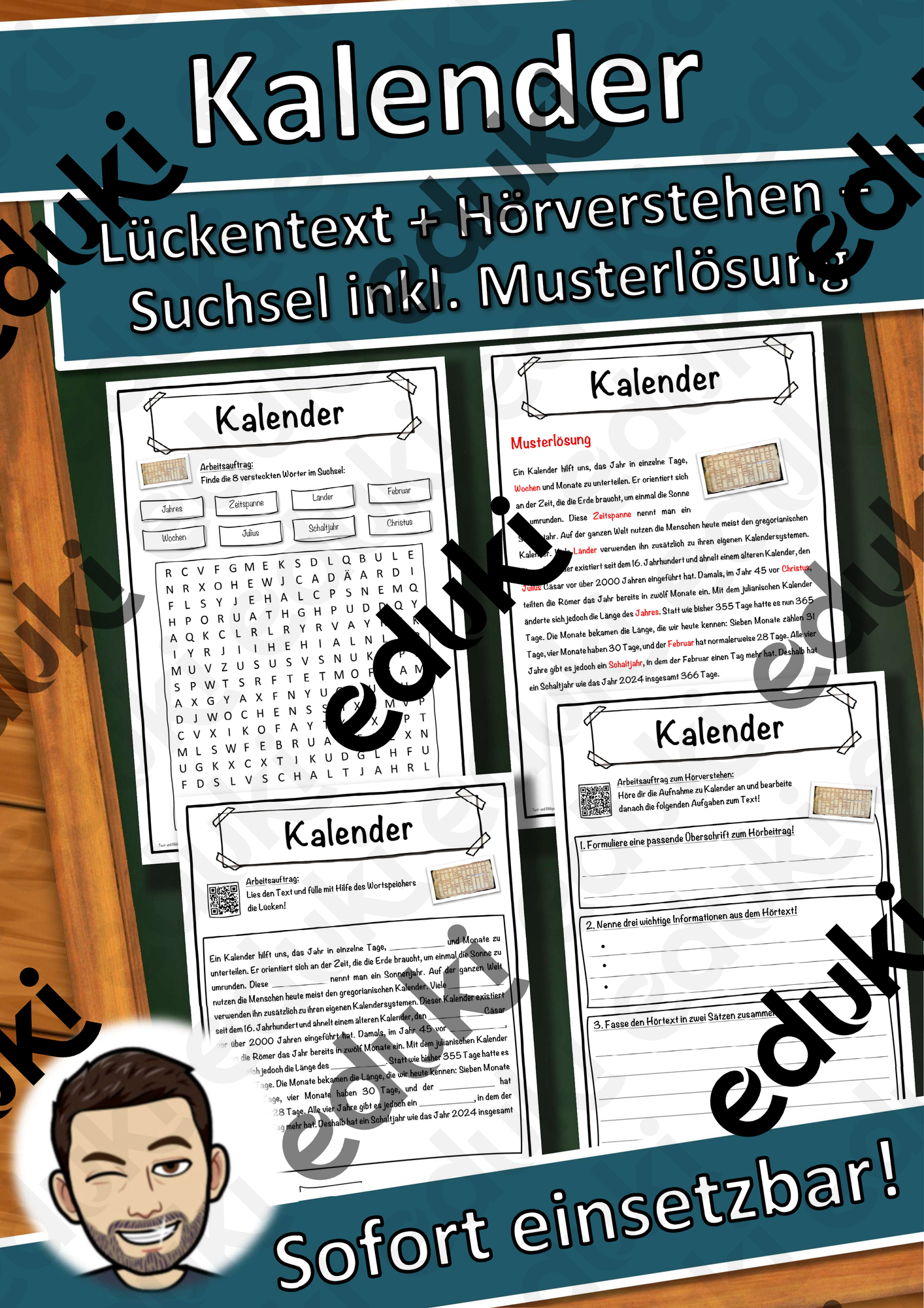 Kalender Lückentext mit Wortspeicher Hörverstehen und Suchsel