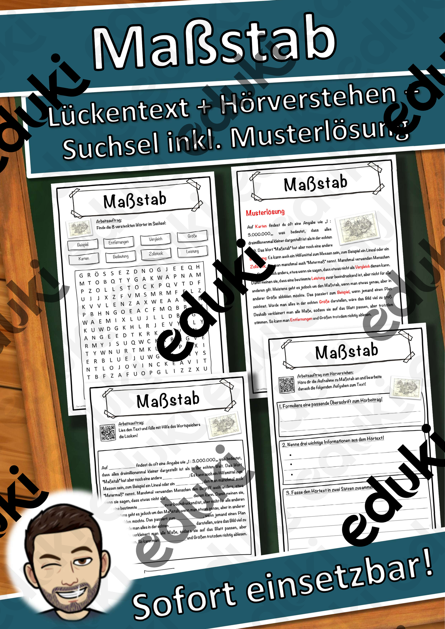 Maßstab Lückentext mit Wortspeicher Hörverstehen und Suchsel