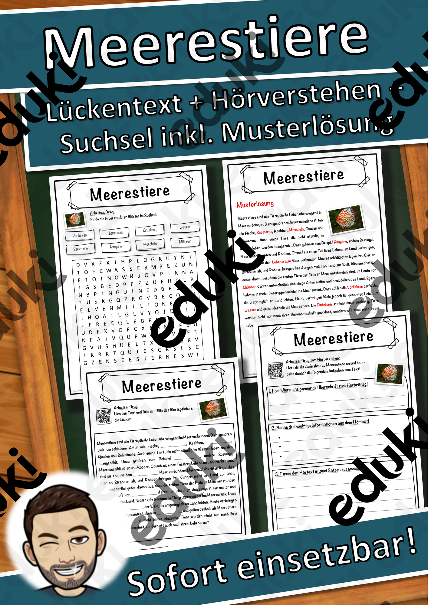 Meerestiere Lückentext mit Wortspeicher Hörverstehen und Suchsel