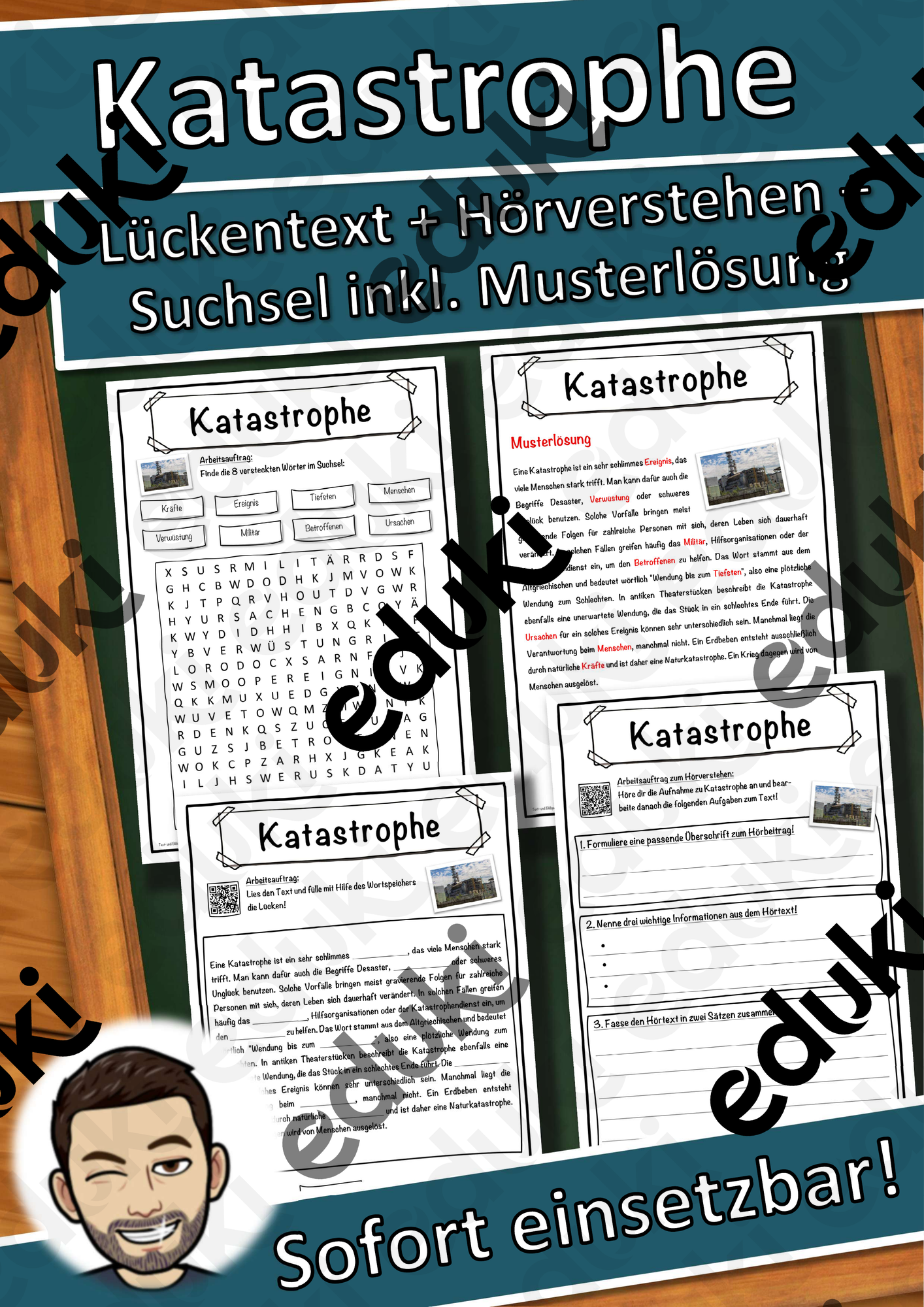 Katastrophe Lückentext mit Wortspeicher Hörverstehen und Suchsel