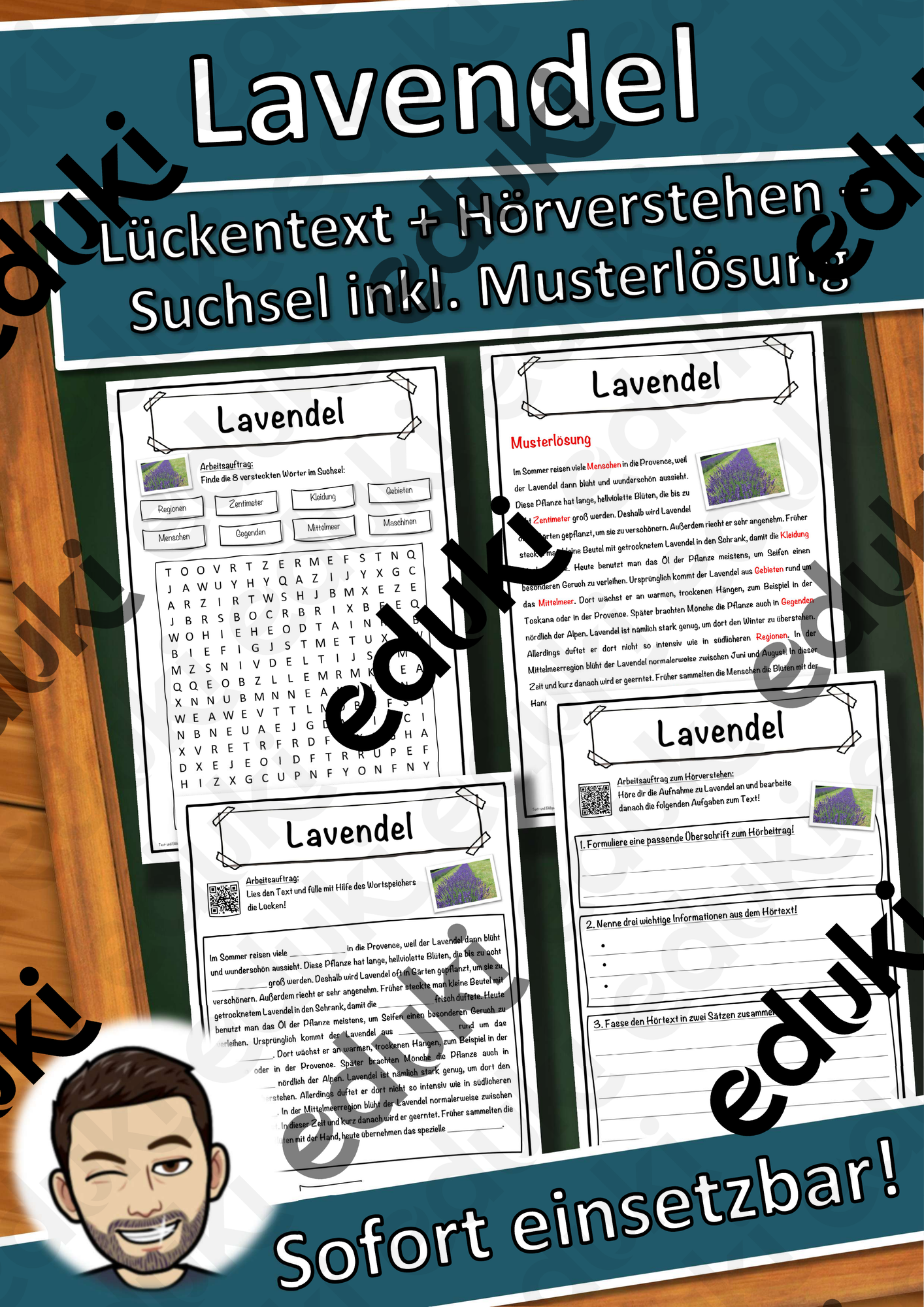 Lavendel Lückentext mit Wortspeicher Hörverstehen und Suchsel