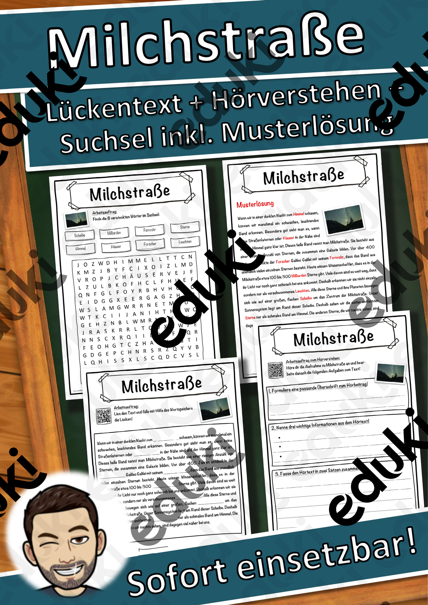 Milchstraße Lückentext mit Wortspeicher Hörverstehen und Suchsel