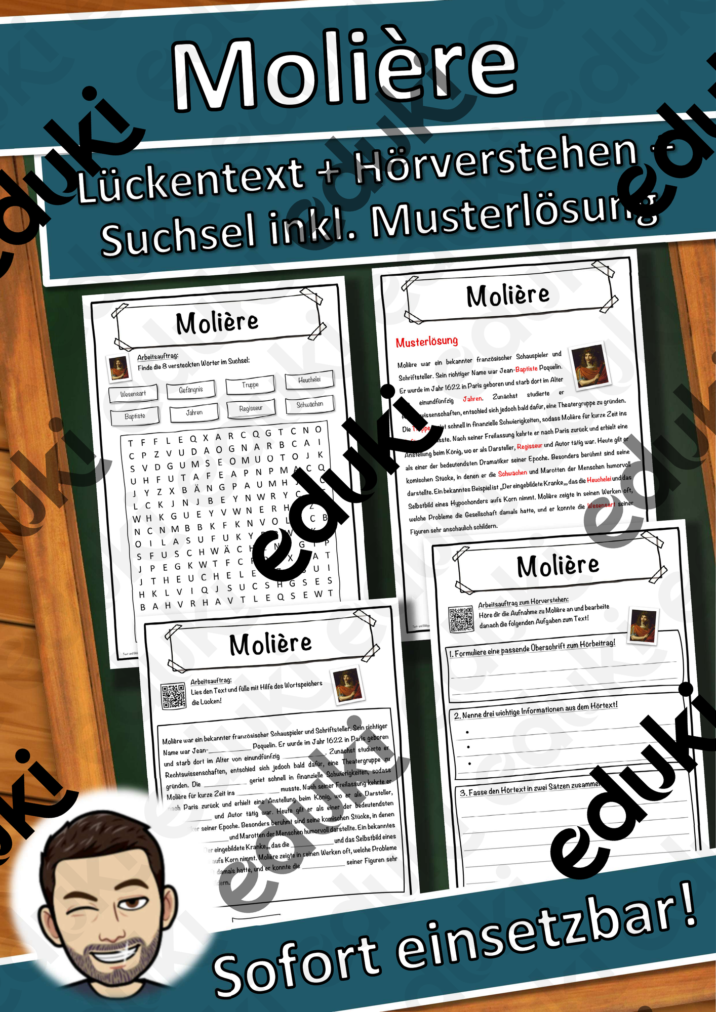 Molière Lückentext mit Wortspeicher Hörverstehen und Suchsel