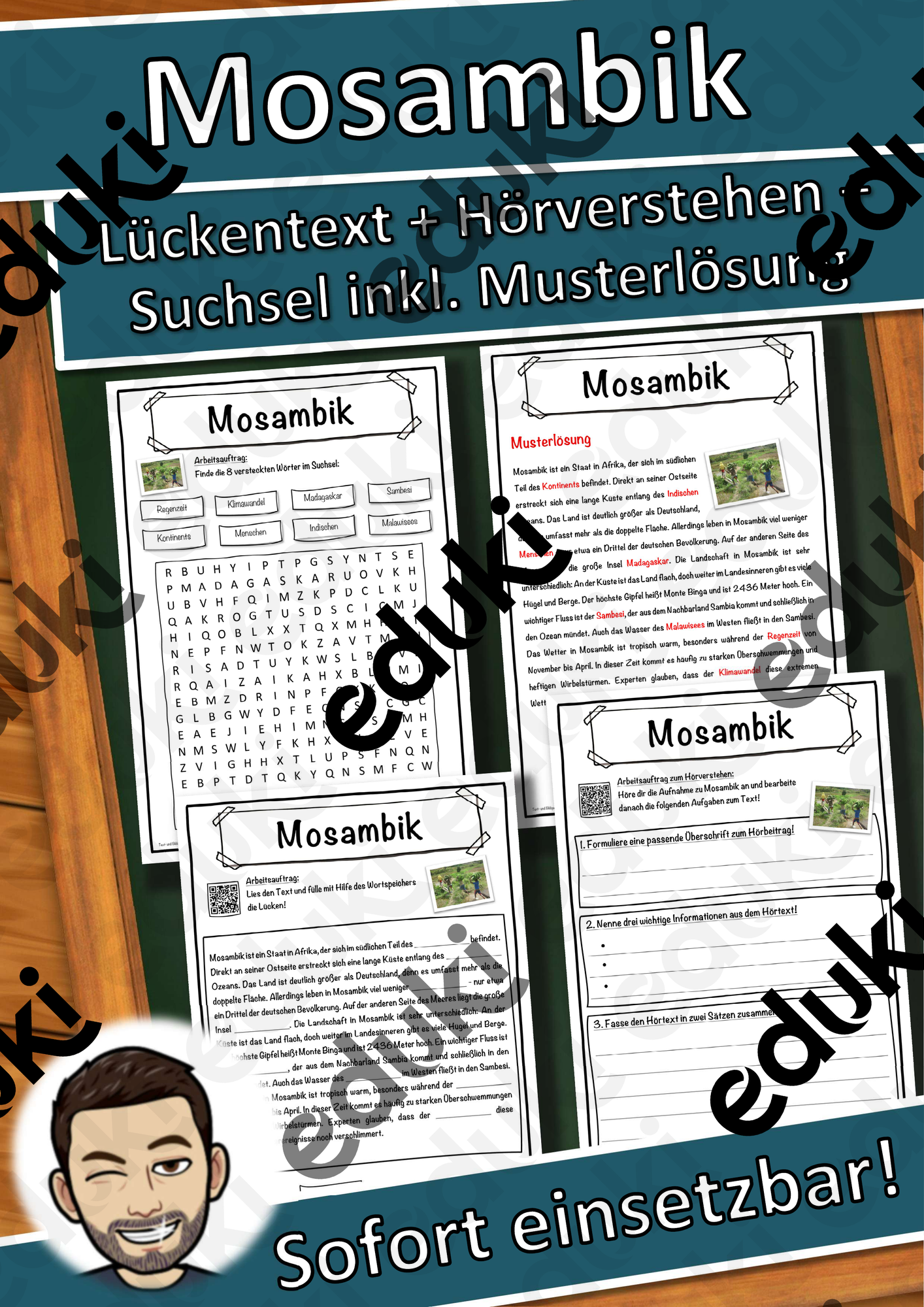 Mosambik Lückentext mit Wortspeicher Hörverstehen und Suchsel