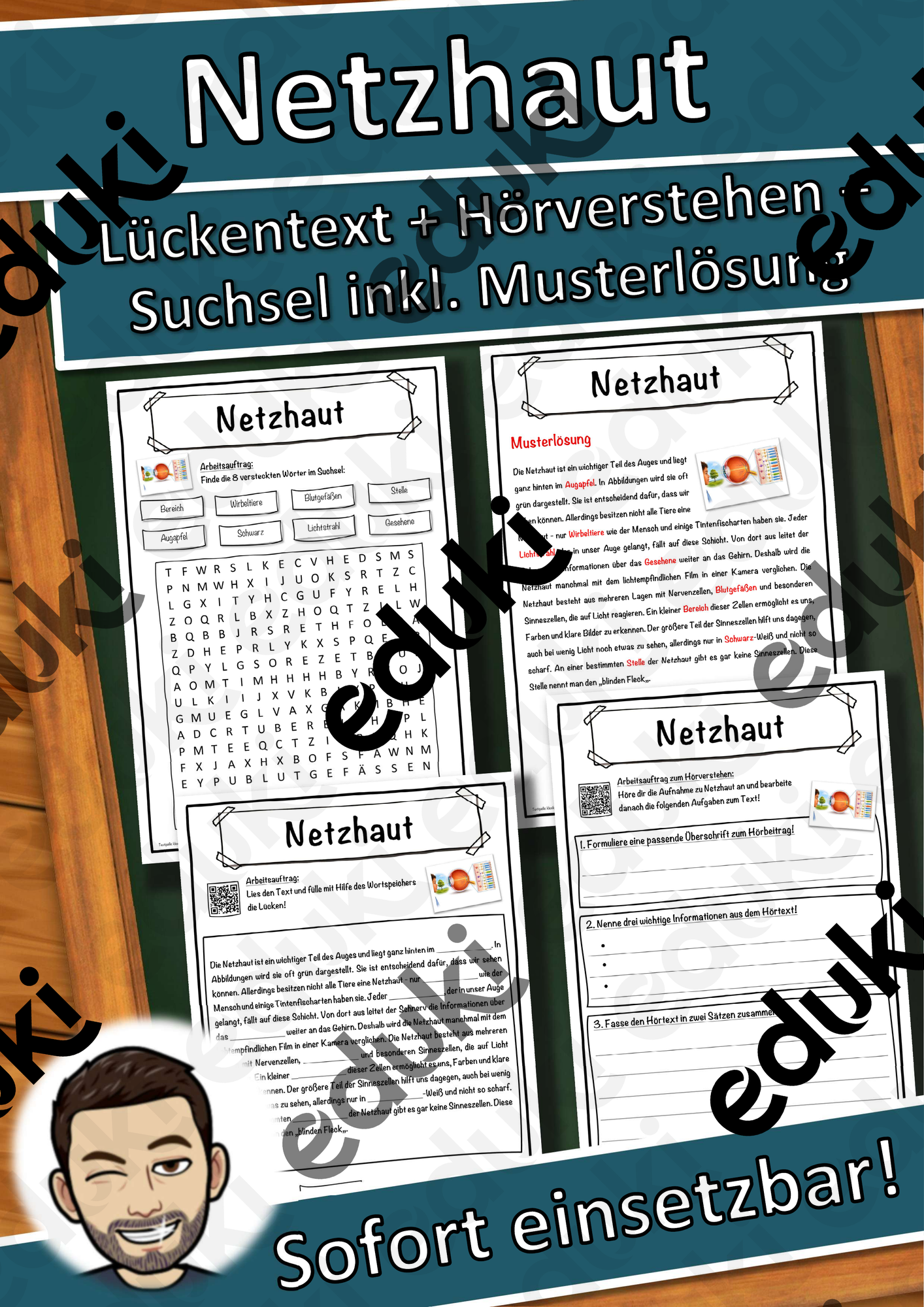 Netzhaut Lückentext mit Wortspeicher Hörverstehen und Suchsel