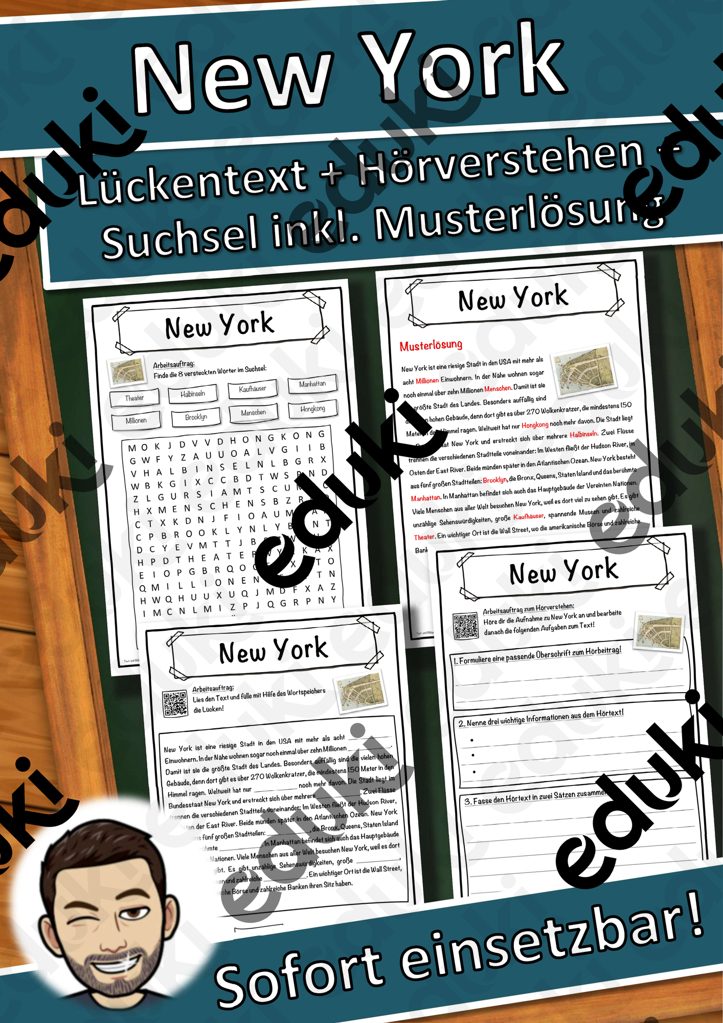 New York Lückentext mit Wortspeicher Hörverstehen und Suchsel