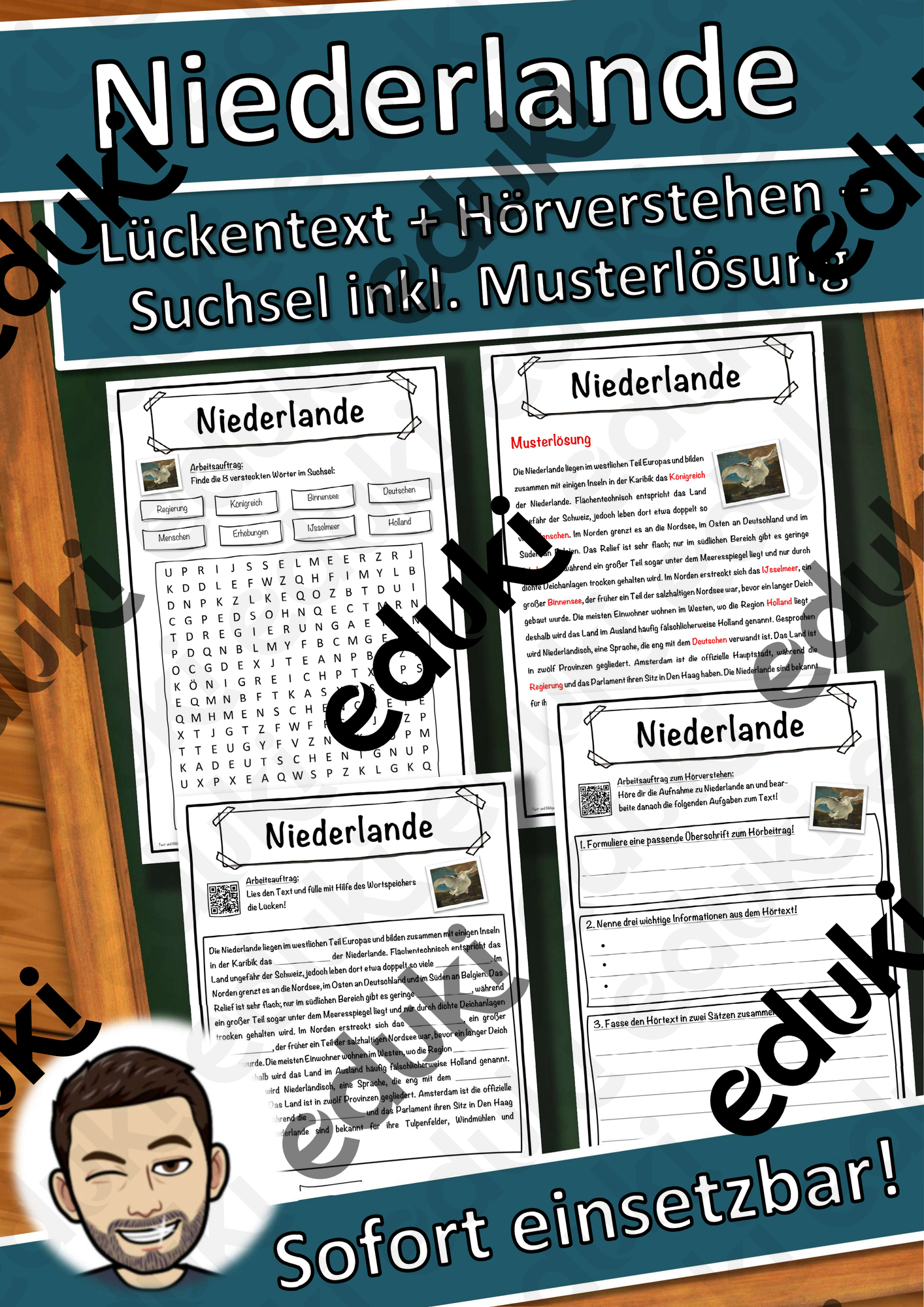 Niederlande Lückentext mit Wortspeicher Hörverstehen und Suchsel