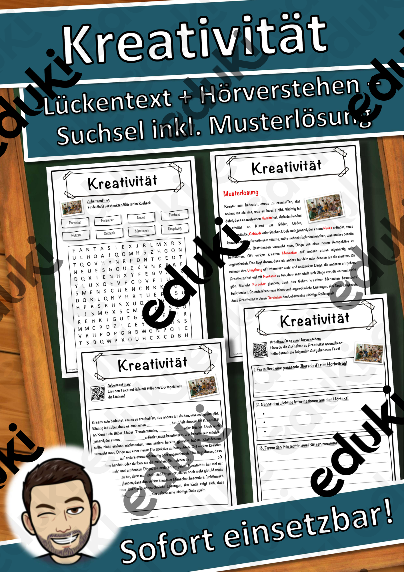 Kreativität Lückentext mit Wortspeicher Hörverstehen und Suchsel