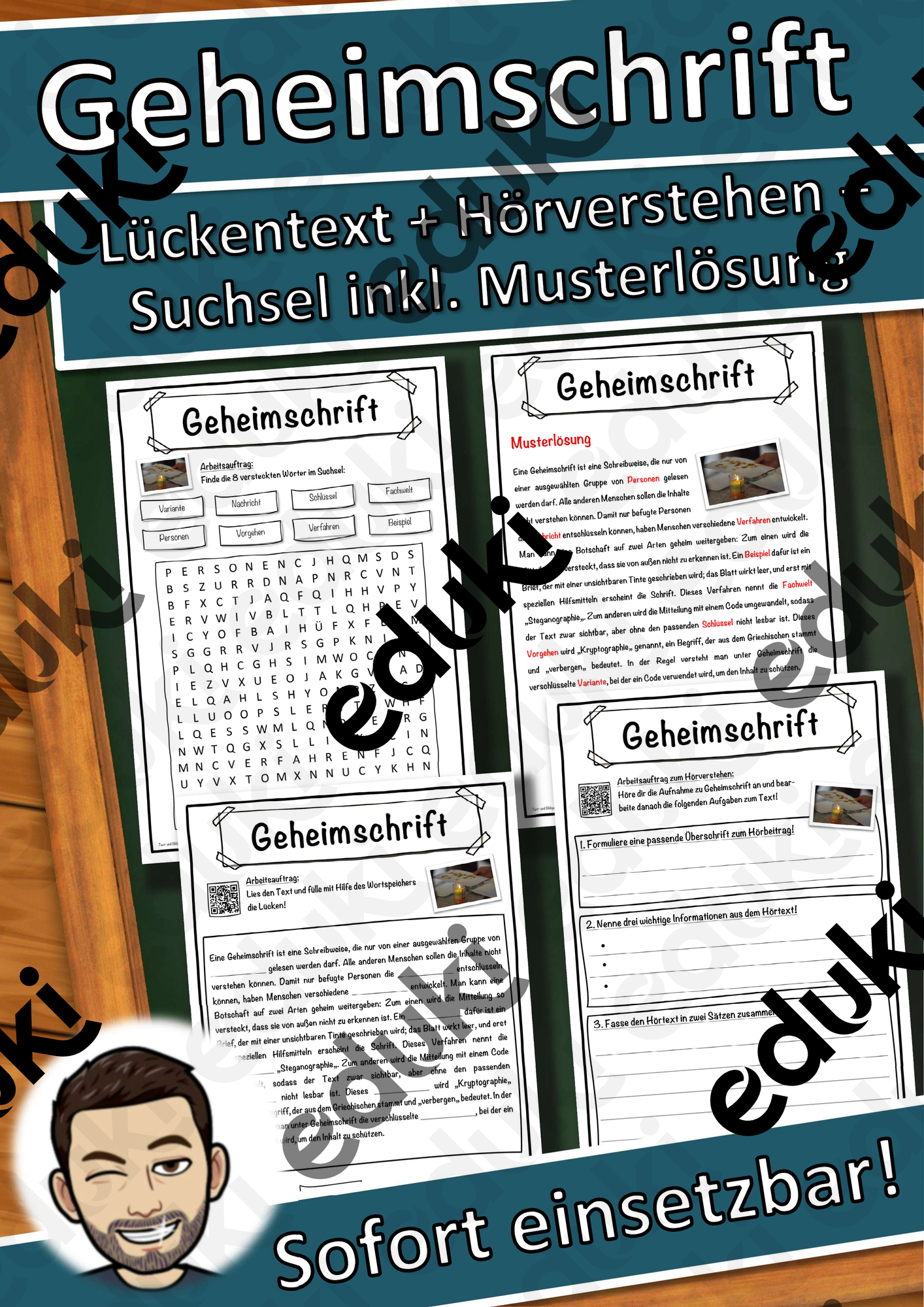 Geheimschrift Lückentext mit Wortspeicher Hörverstehen und Suchsel