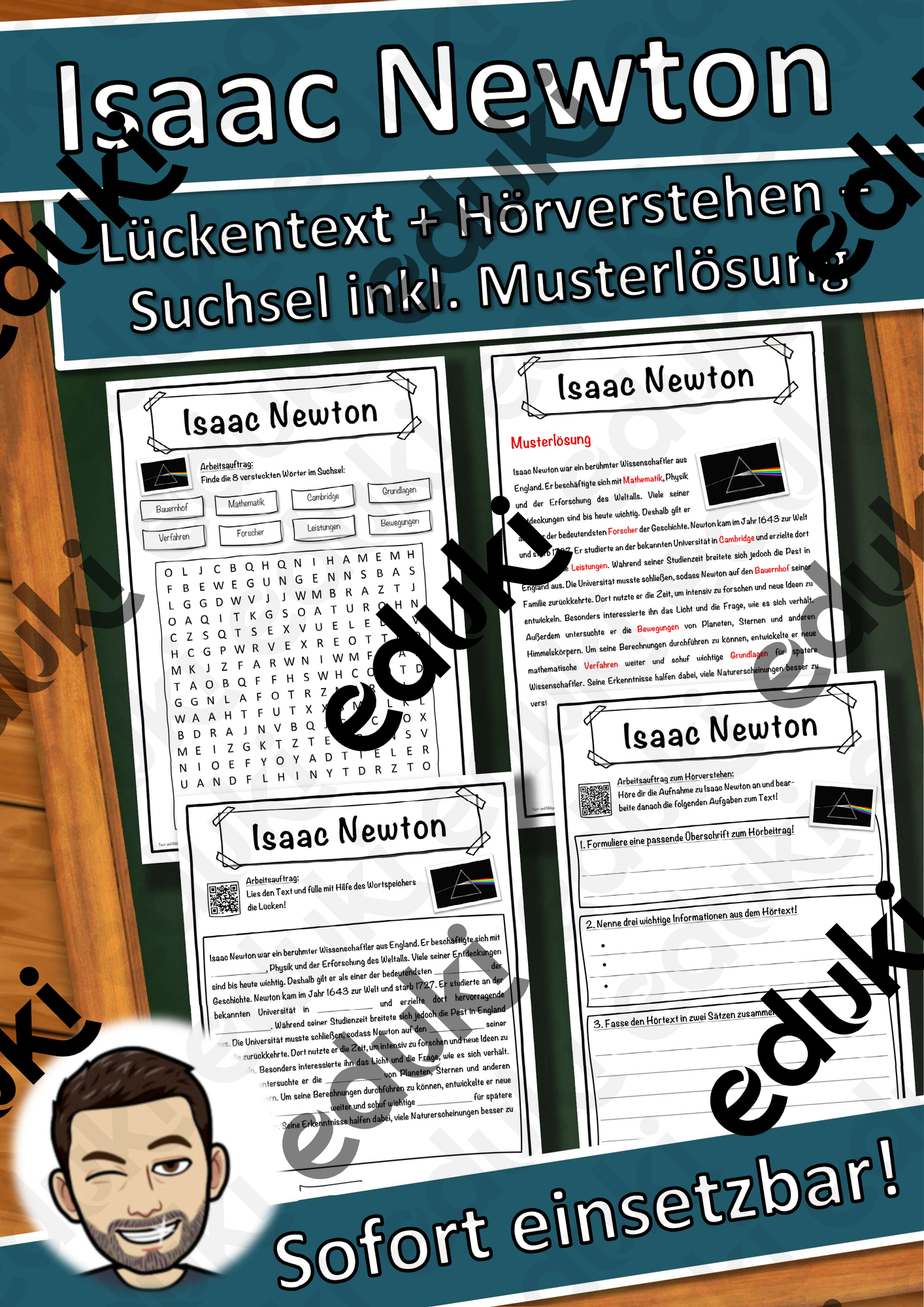 Isaac Newton Lückentext mit Wortspeicher Hörverstehen und Suchsel
