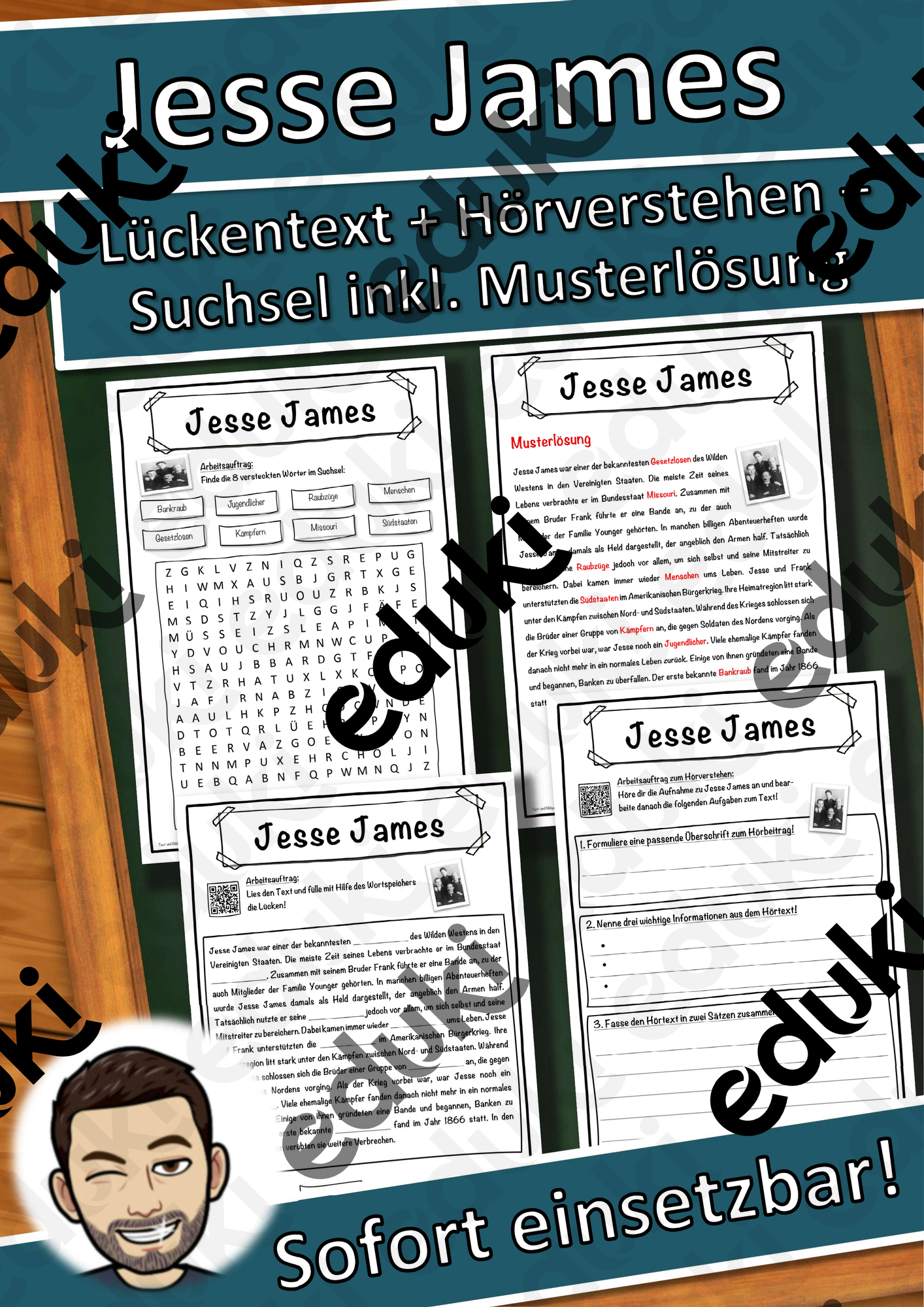 Jesse James Lückentext mit Wortspeicher Hörverstehen und Suchsel