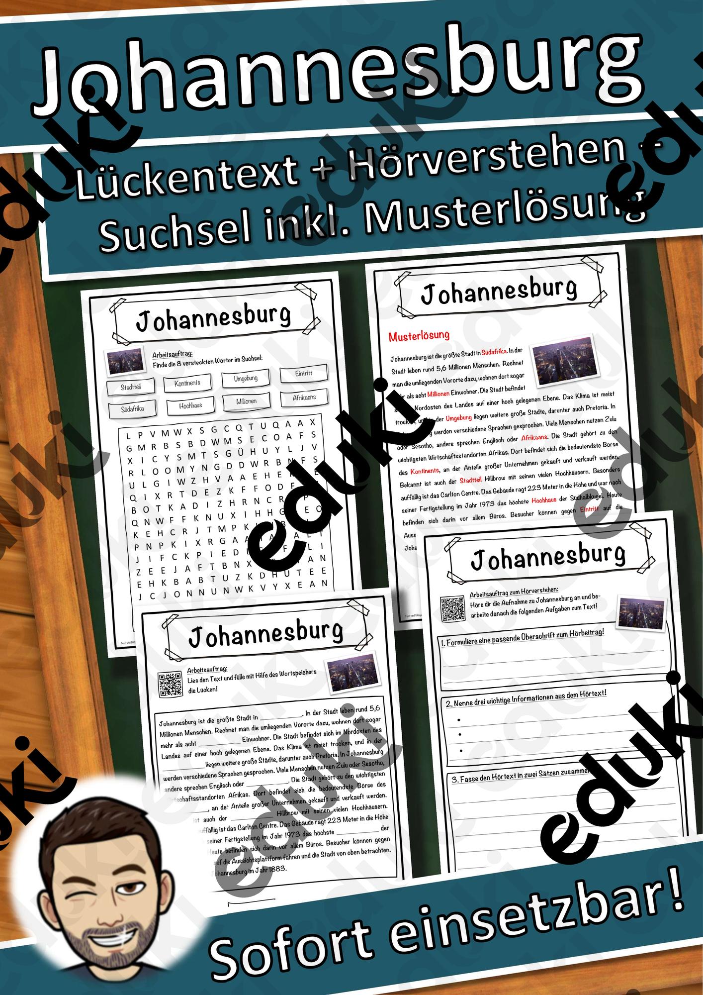 Johannesburg Lückentext mit Wortspeicher Hörverstehen und Suchsel