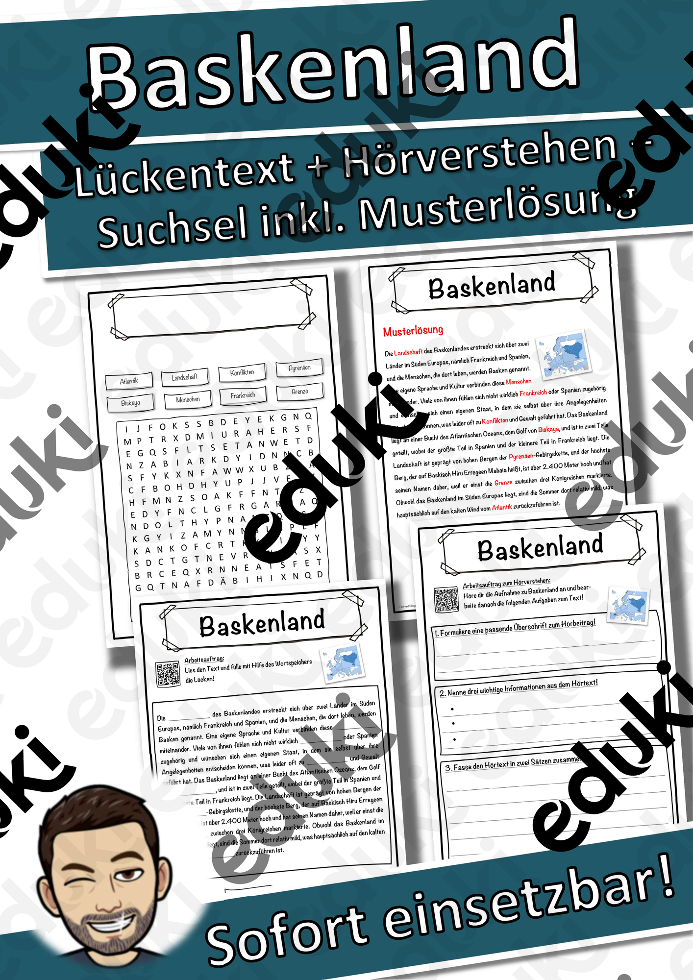 Baskenland Lückentext mit Wortspeicher Hörverstehen und Suchsel