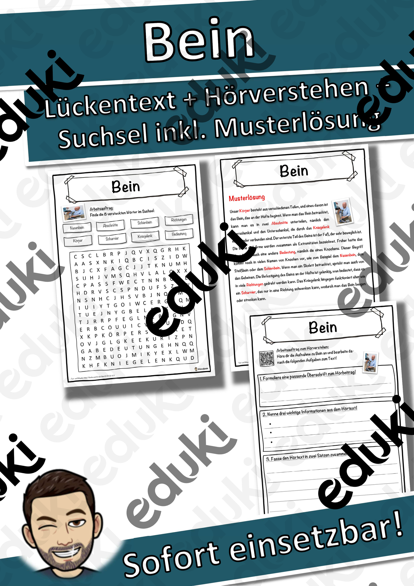 Bein Lückentext mit Wortspeicher Hörverstehen und Suchsel