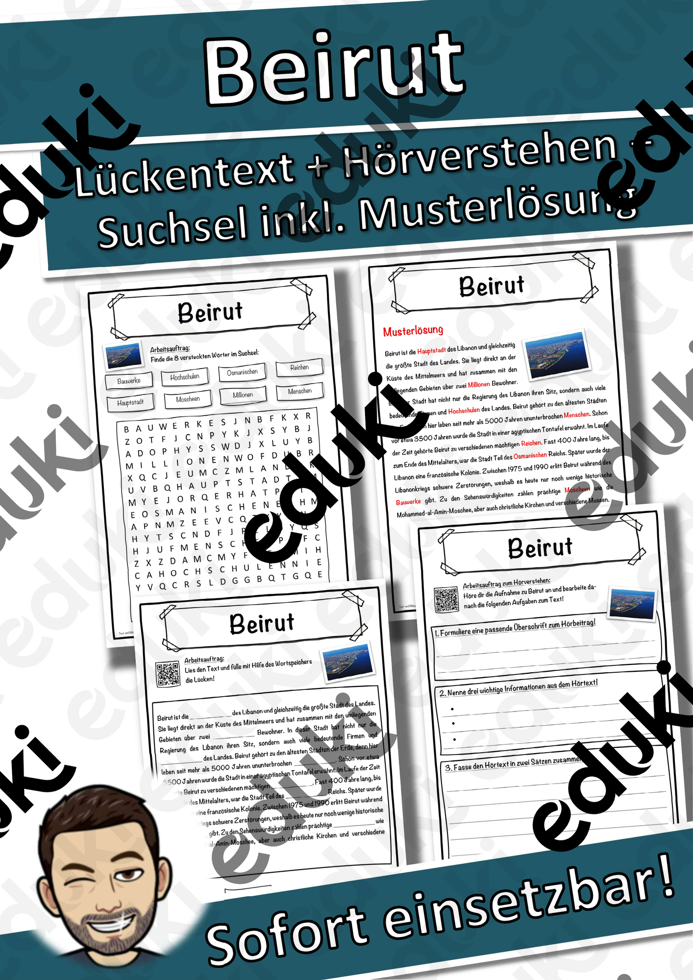Beirut Lückentext mit Wortspeicher Hörverstehen und Suchsel