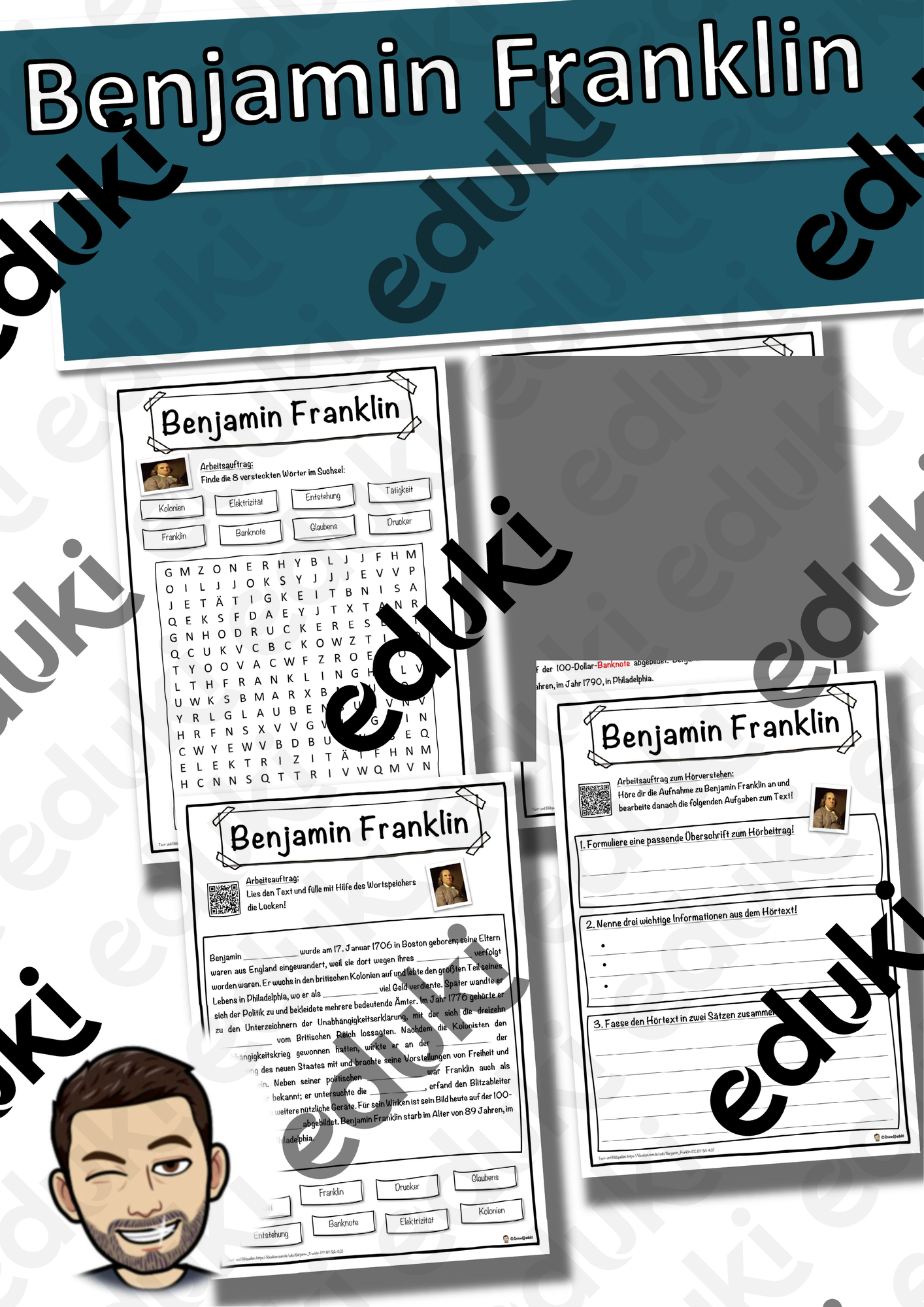 Benjamin Franklin Lückentext mit Wortspeicher Hörverstehen und Suchsel
