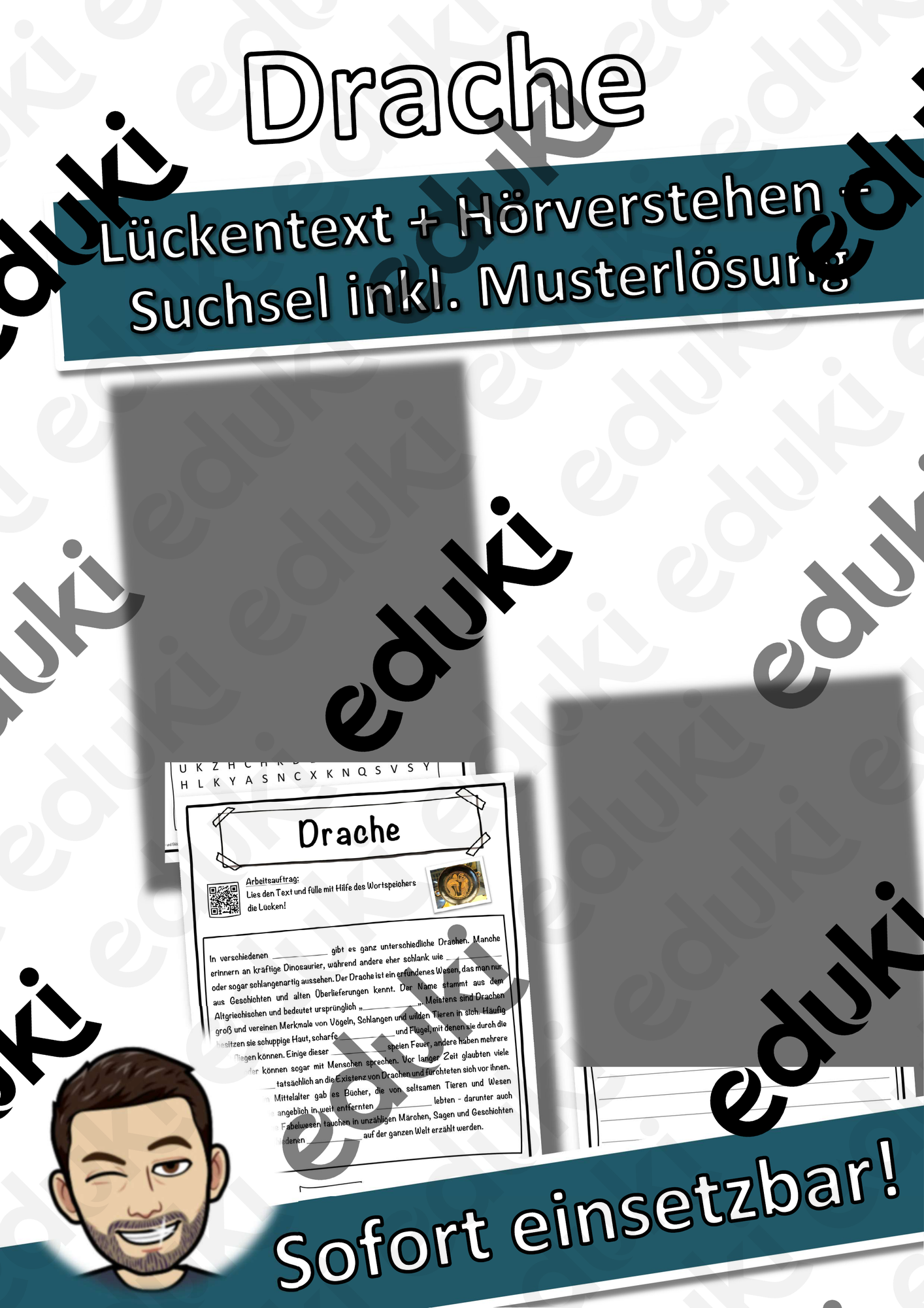 Drache Lückentext mit Wortspeicher Hörverstehen und Suchsel