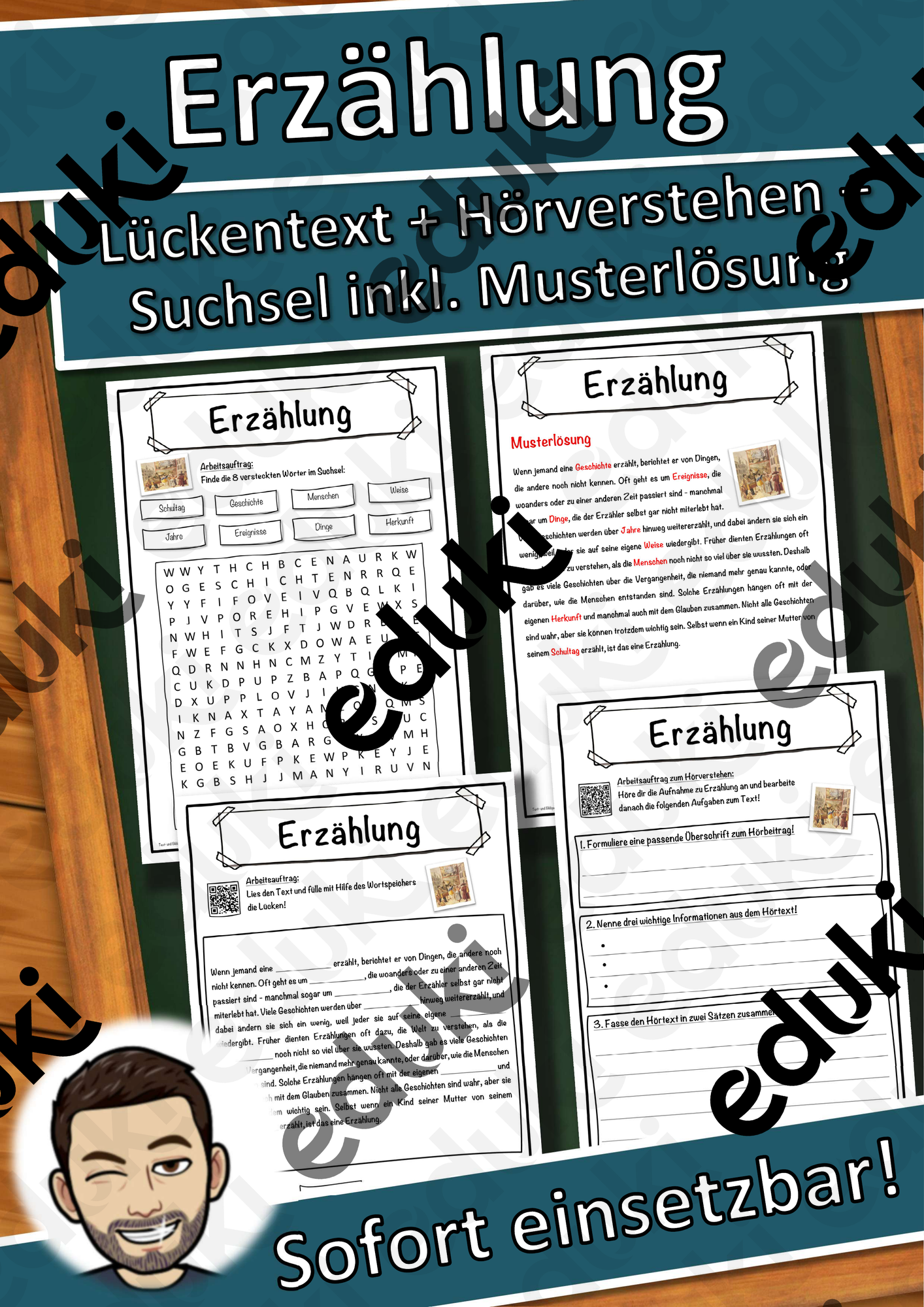 Erzählung Lückentext mit Wortspeicher Hörverstehen und Suchsel