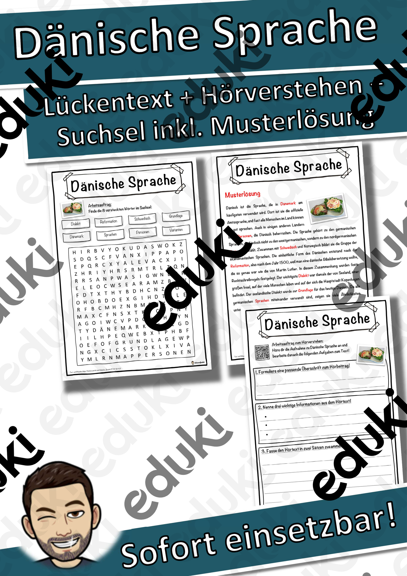 Dänische Sprache Lückentext mit Wortspeicher Hörverstehen und Suchsel