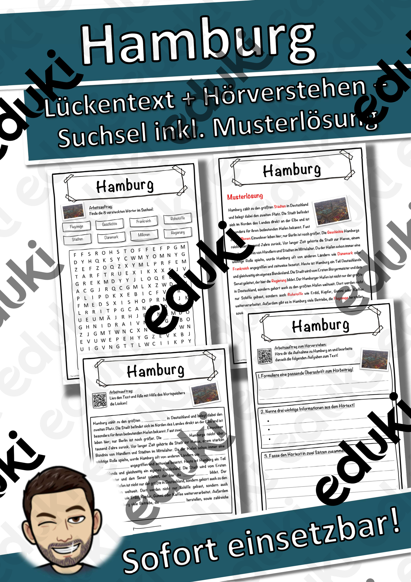 Hamburg Lückentext mit Wortspeicher Hörverstehen und Suchsel