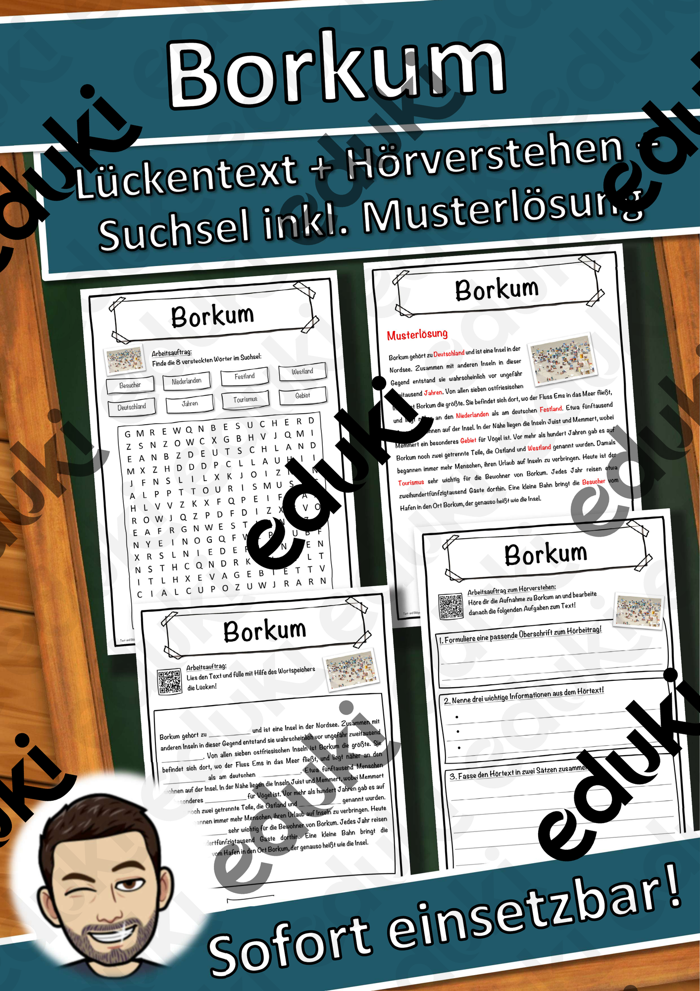 Borkum Lückentext mit Wortspeicher Hörverstehen und Suchsel